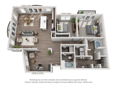 Floor plan for 2 beds, 2 baths, 1610 sqft